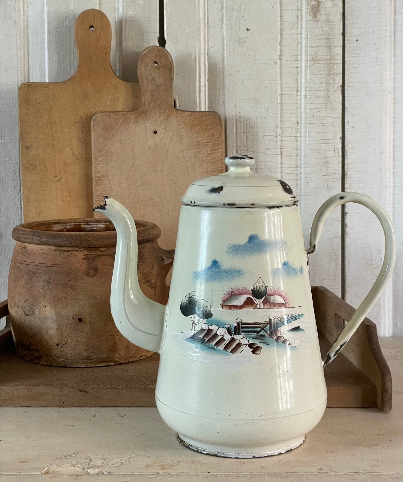 SALE…… emaille oude koffiepot creme met afbeelding, Antiek en Kunst, Ophalen of Verzenden