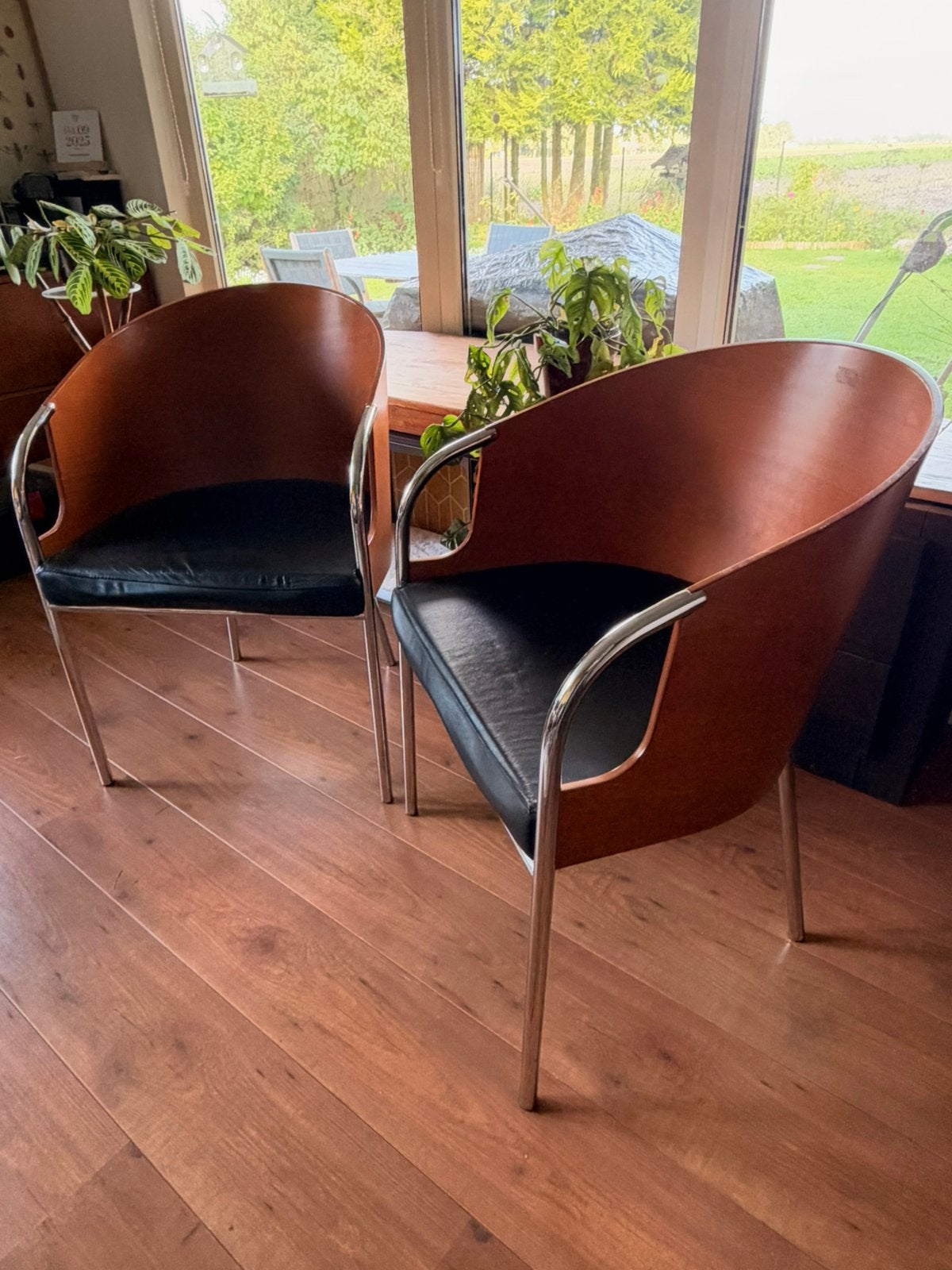 Set van 2 vintage design kuipstoelen Calligaris Hout&Chroom, Gebruikt, Twee, Zwart, Vintage