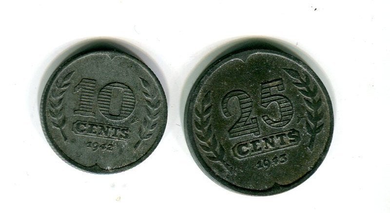 Munten, WWII, 25 (1943) cnt + 10 (1942) cnt, zink-(#9027), Ophalen of Verzenden, Koningin Wilhelmina, 25 cent, Losse munt