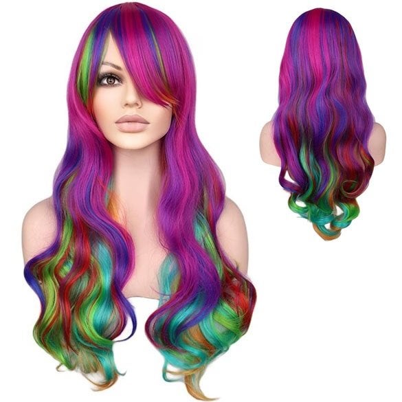 Carnaval pruik lang haar met krullen multi-color regenboog, Verzenden, Nieuw, Pruik of Haarverlenging