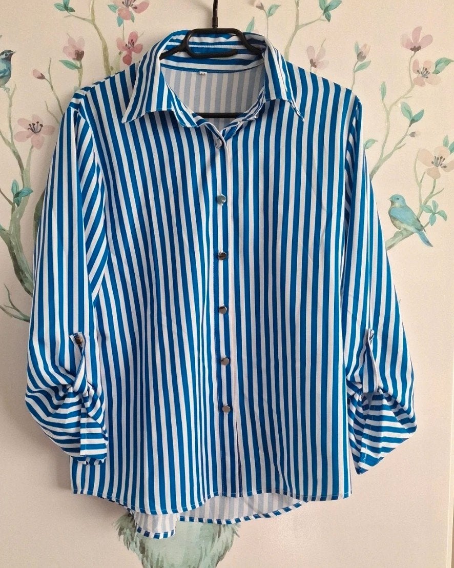 Blauwe gestreepte blouse met lange mouwen - Maat M, Blauw, Ophalen, Maat 38/40 (M), Onbekend
