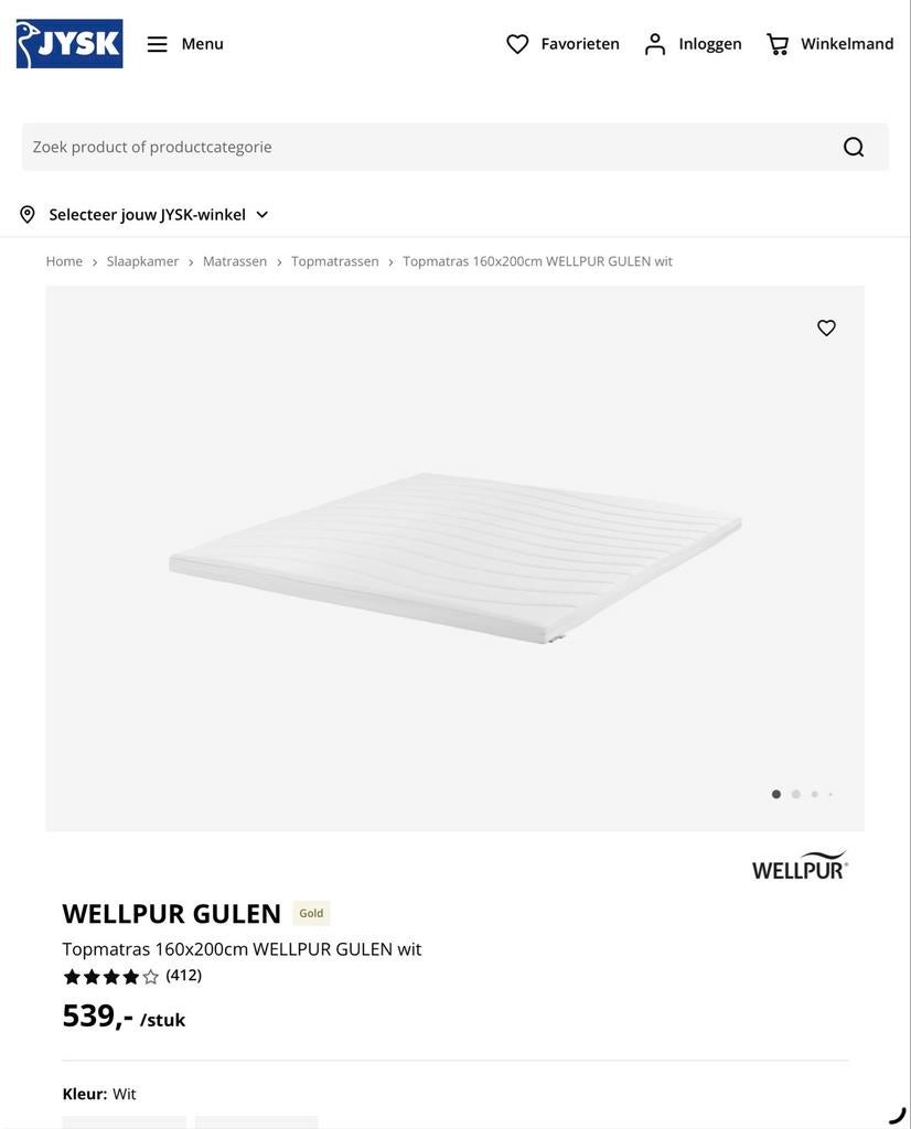 Wellpur Gulen Gt65 Traagschuim Topper 160x200 (Jysk), Ophalen, Tweepersoons, Zo goed als nieuw, Matras