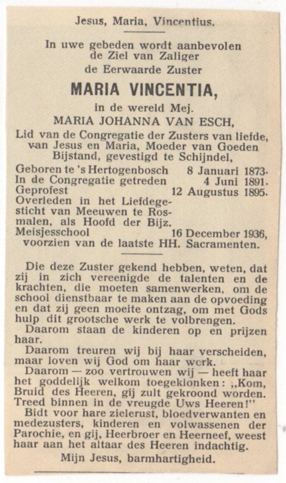 zr. Maria J. van Esch 1873 Den Bosch + 1936 Rosmalen, 63 jr, Verzenden