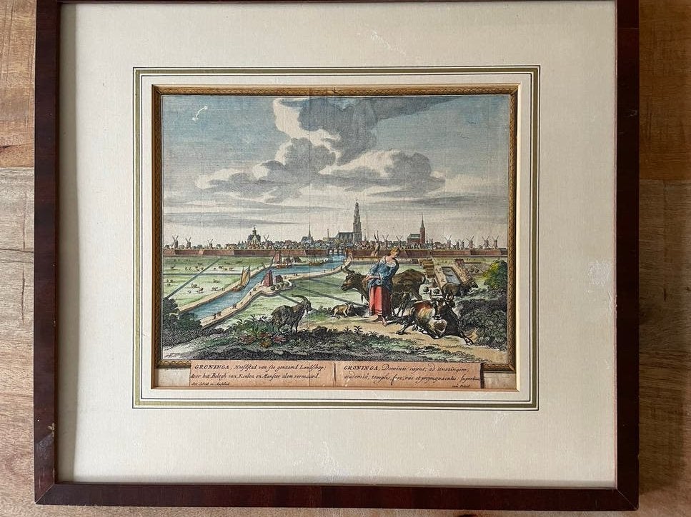 Antieke handgekleurde gravure van stad Groningen, Antiek en Kunst, Handgekleurd, Stadsgezicht, Ophalen of Verzenden, Gravure