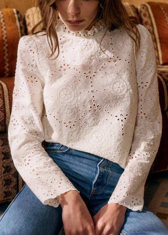 Sezane off-white broderie blouse Florie, Kleding | Dames, Ophalen of Verzenden, Nieuw, Maat 38/40 (M), Wit