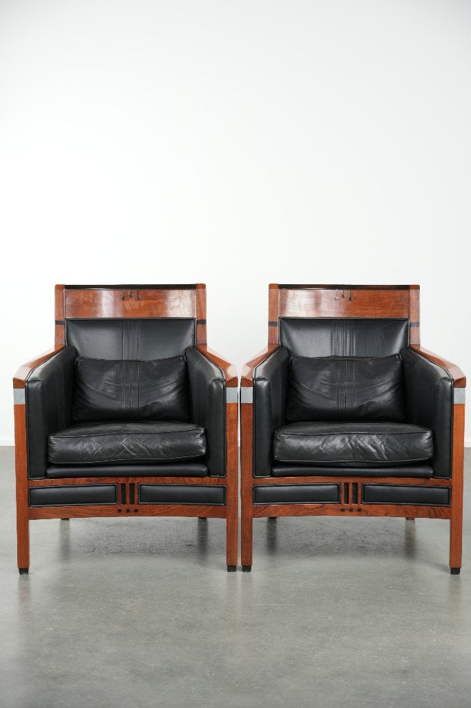 Zwarte leren set van 2 Art Deco Schuitema design fauteuils, Huis en Inrichting, Fauteuils, Ophalen, Gebruikt, Minder dan 75 cm