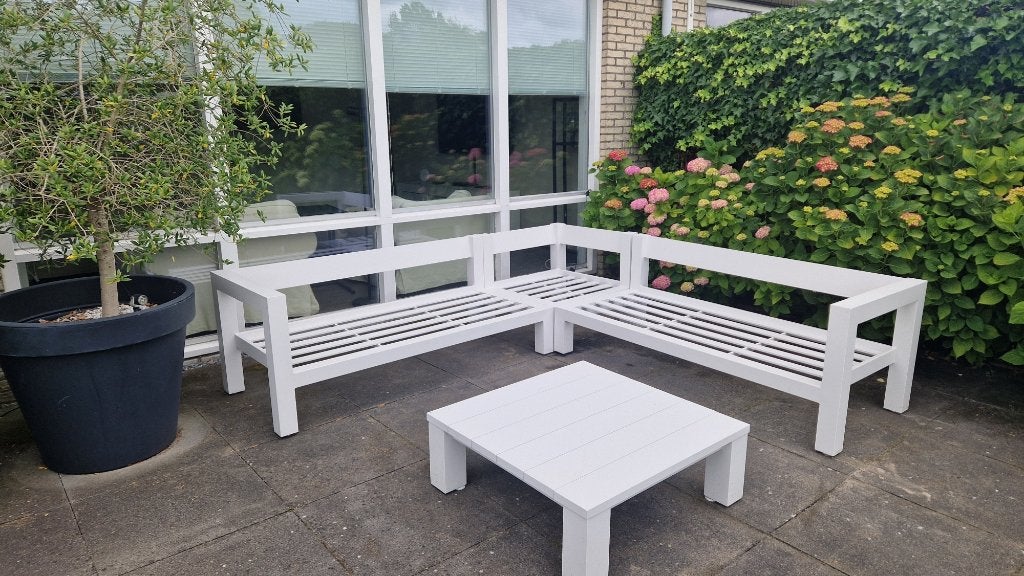Exclusieve Loungeset  wit met grijze kussens 245x245, Ophalen, 5 zitplaatsen, Aluminium, Zo goed als nieuw