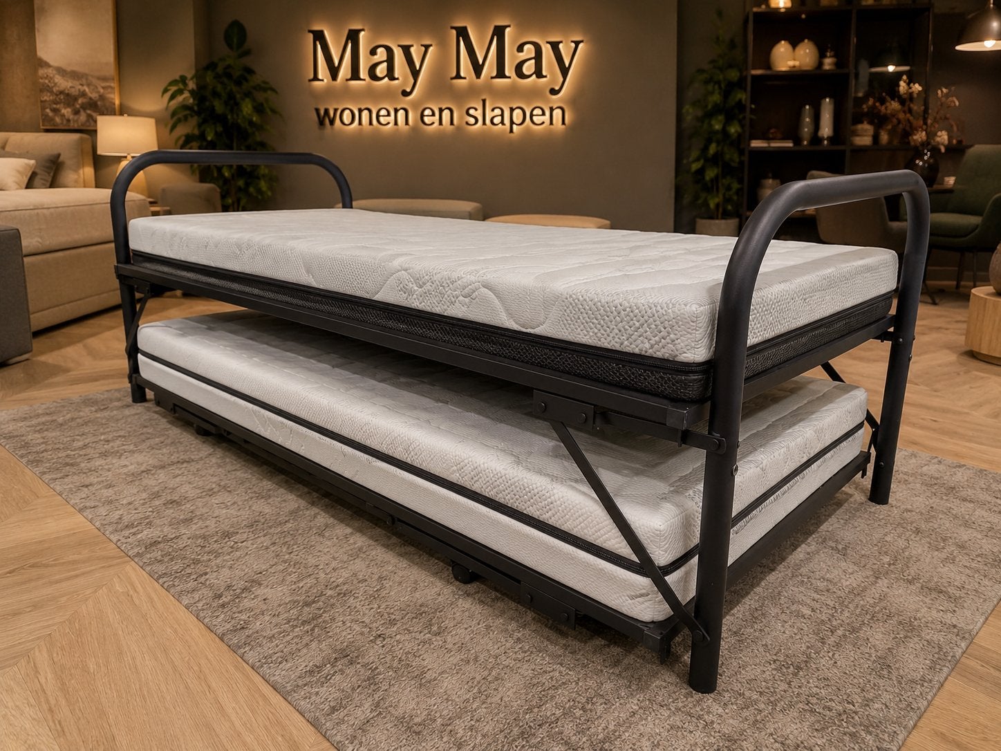 Double Bed (Onderschuifbed) 90x200 Zwart met spiraalbodem