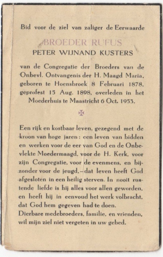 broeder Peter W. Kusters 1878 Hoensbroek + 1953 Maastricht, Verzamelen, Ophalen of Verzenden