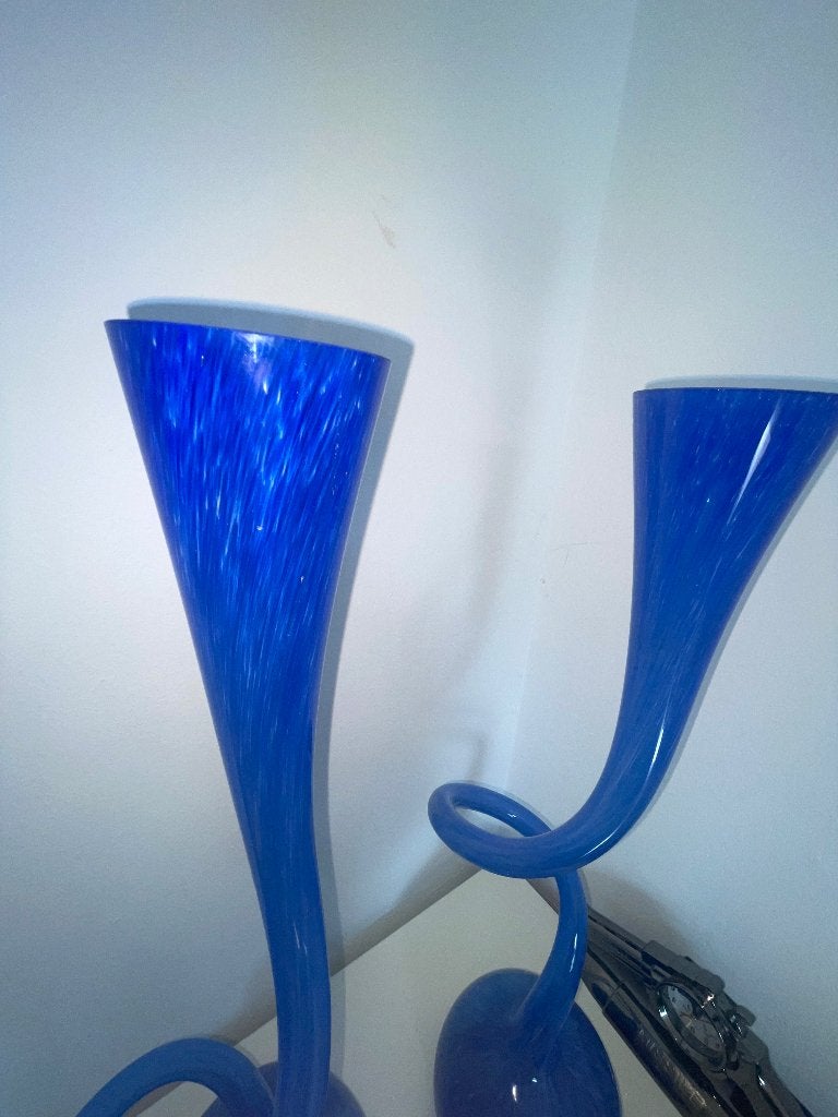 Unieke Makora Krosno handgeblazen vaas, jaren '70, 61 cm, Vaas, Handgemaakt, Blauw, 61 cm
