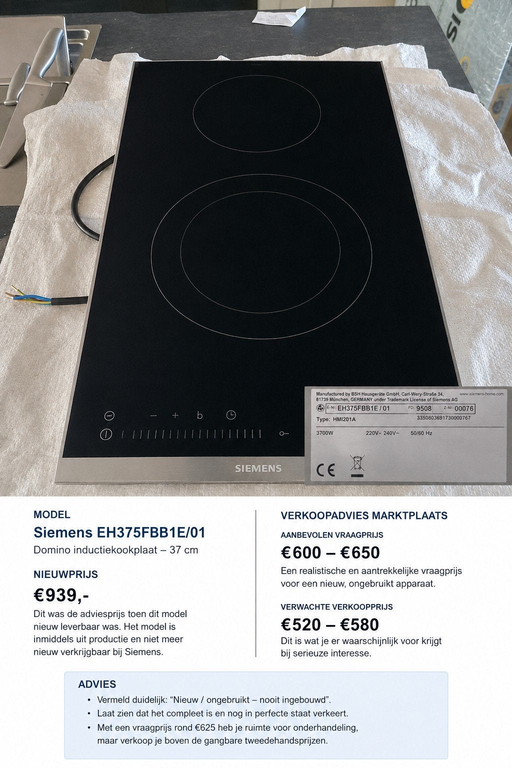 Nieuwe Siemens EH375FBB1E/01 Domino Inductiekookplaat, Witgoed en Apparatuur, Kookplaten, Ophalen of Verzenden, Vrijstaand, Inductie