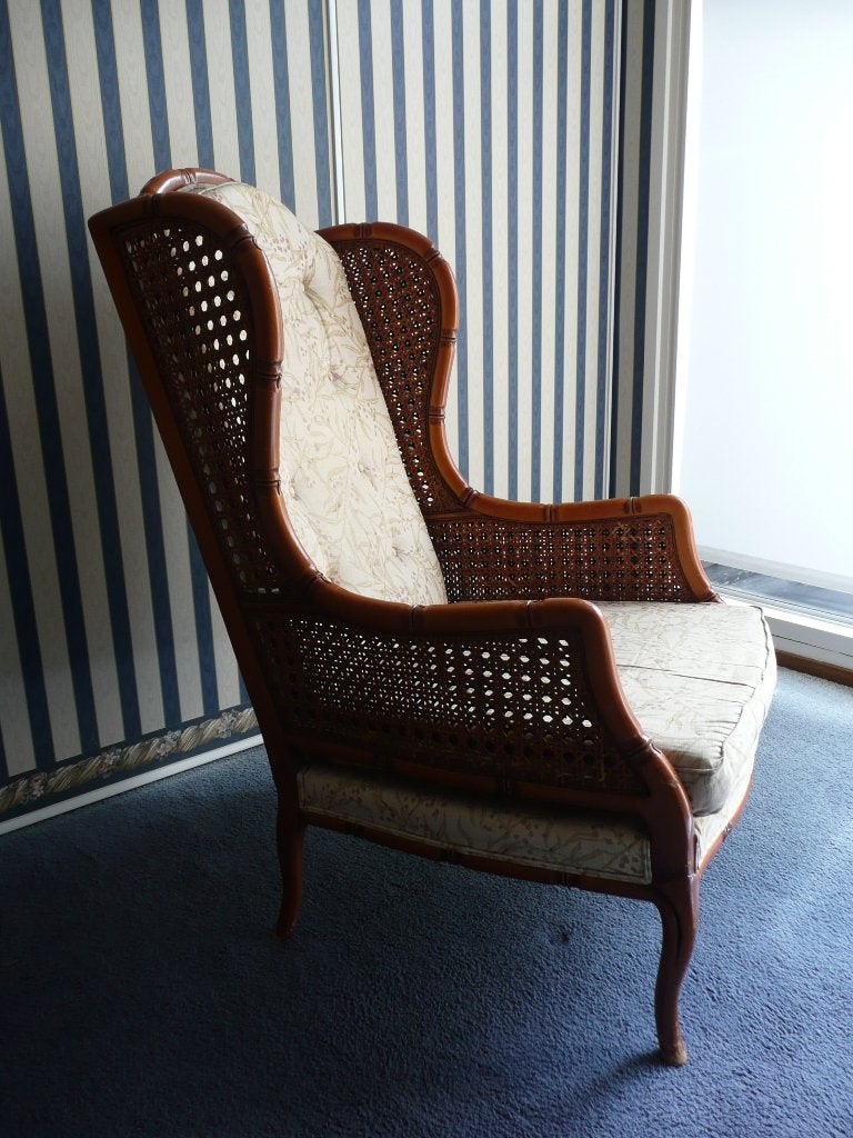 Vintage Giorgetti looking bamboe, webbing, fauteuil., Ophalen, Hout, Gebruikt, Minder dan 75 cm