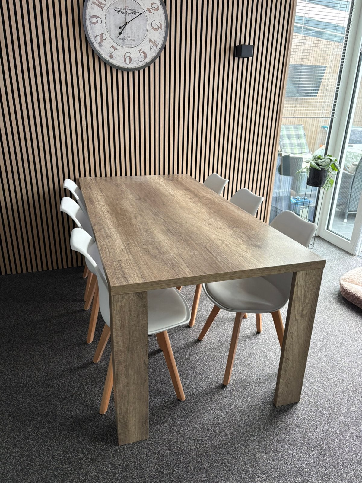 Eetkamertafel met 6 stoelen, Gebruikt, 200 cm of meer, Vijf personen of meer, Modern