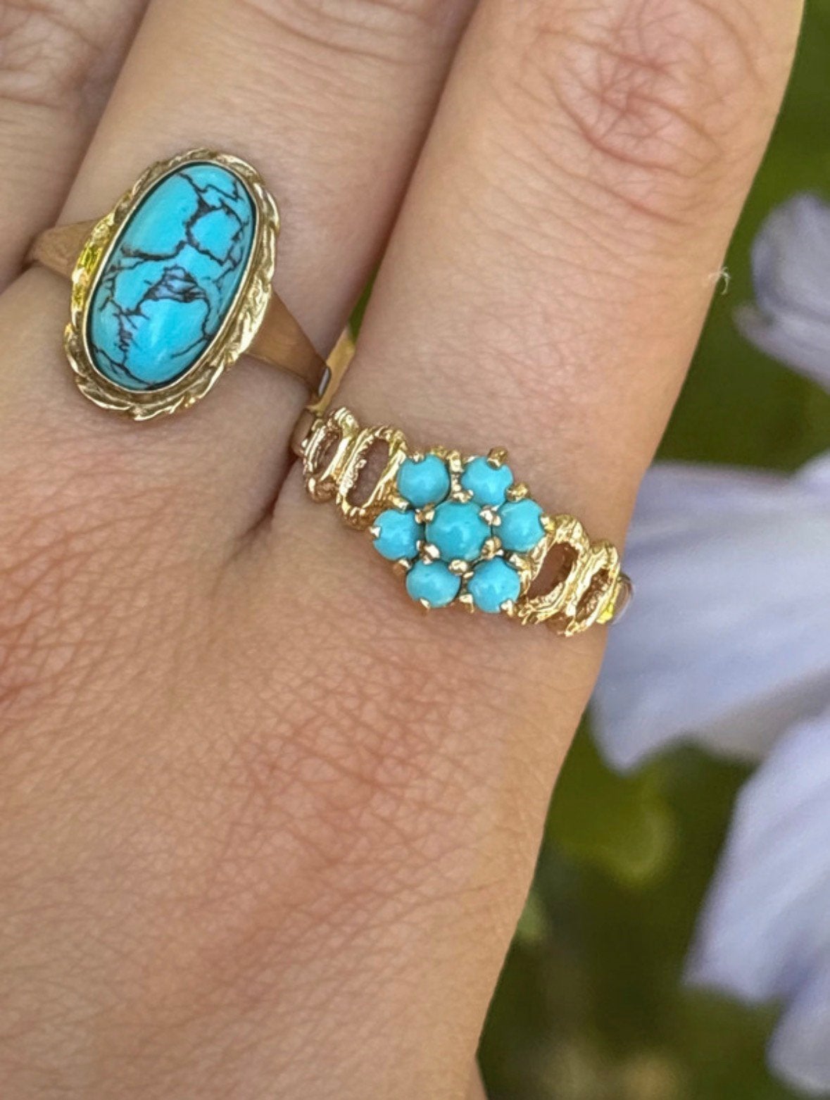 Vintage 9 karaat geelgouden cluster ring met turkoois, Sieraden, Tassen en Uiterlijk, 20 of groter, Verzenden, Zo goed als nieuw