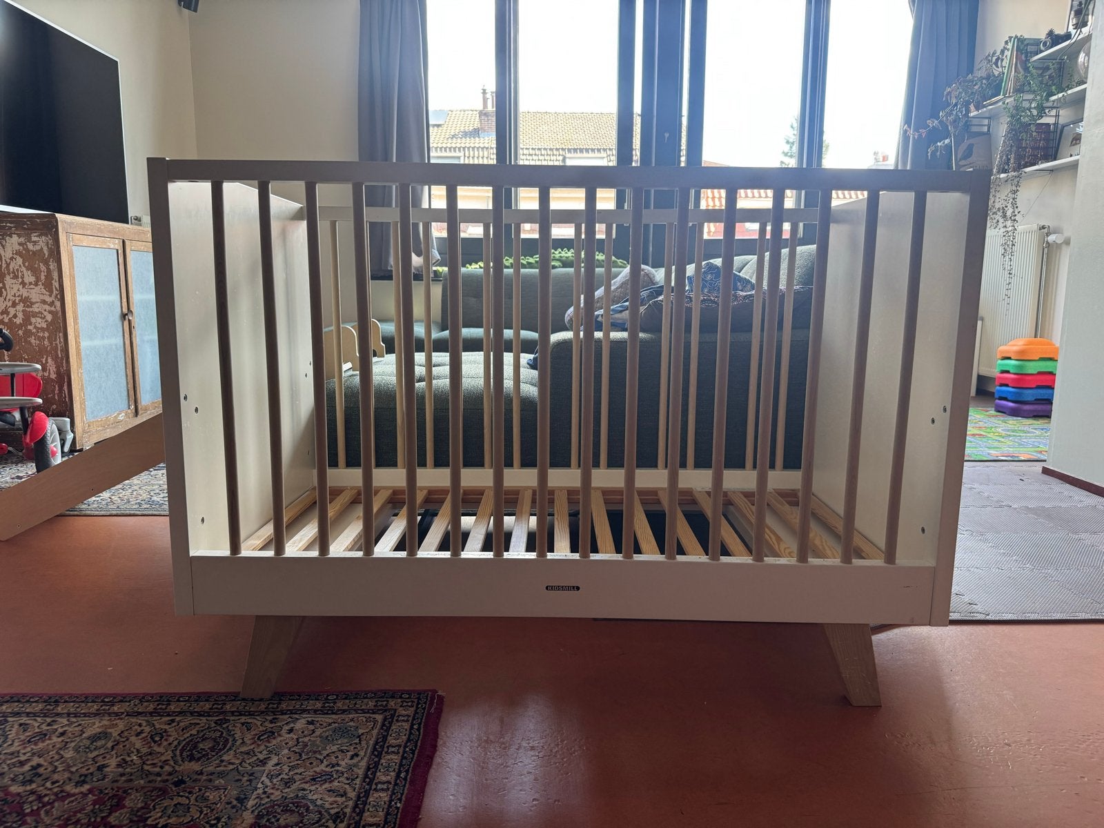 Kidsmill Babybedje/Peuterbedje met lattenbodem, Ophalen, Gebruikt, 70 tot 85 cm, 140 tot 160 cm