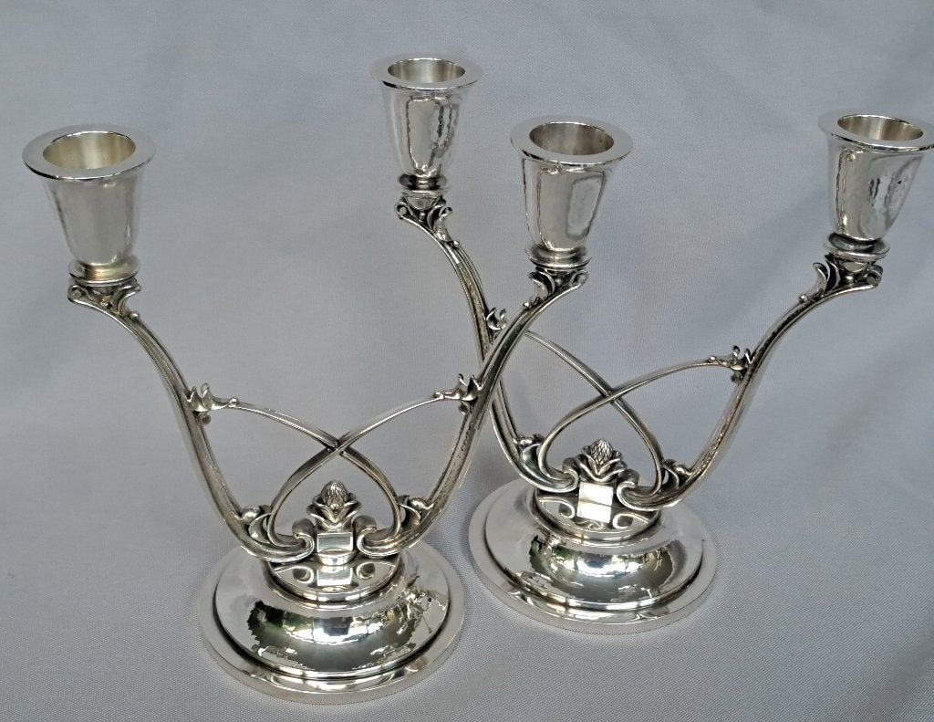 Georg Jensen pair of solid silver candelabra design #619 HN, Ophalen of Verzenden, Zilver