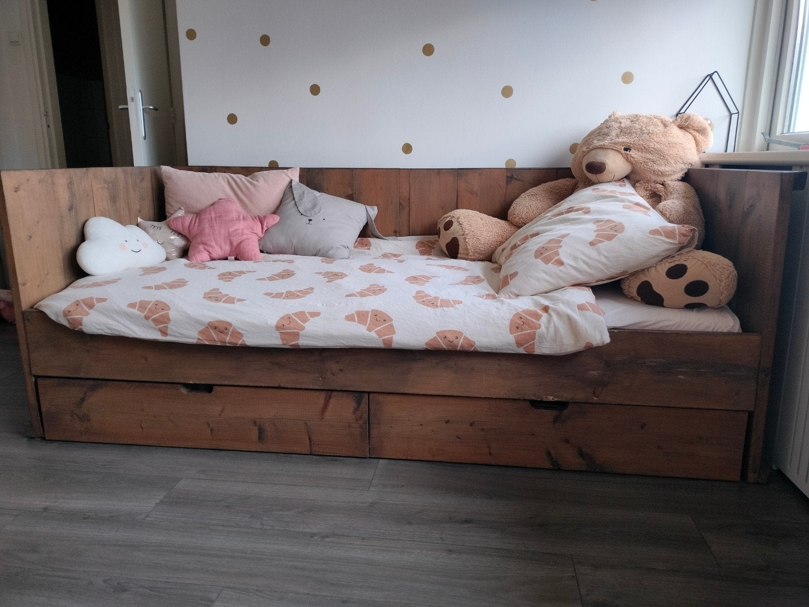 Steigerhouten bedbank met opberglades, Ophalen, Gebruikt, 90 cm, Eenpersoons