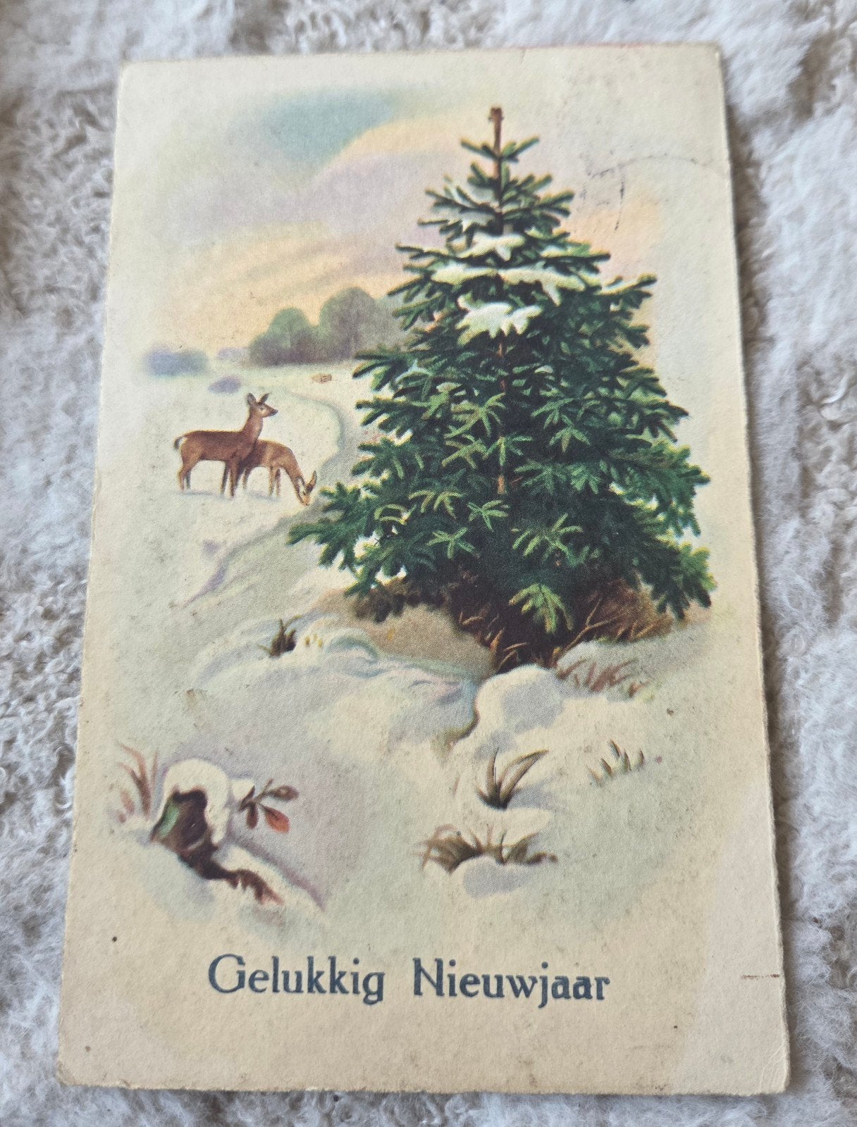 Gelukkig Nieuwjaar - Herten en Kerstboom, Verzenden, Voor 1920, Gelopen, Feest(dag)