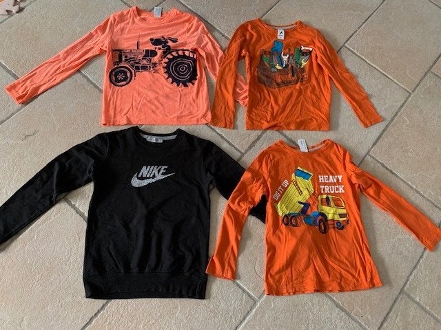 Shirts lange mouwen, truien maat 134. Drie zijn oranje en 1, Ophalen of Verzenden, Gebruikt, Jongen of Meisje, Shirt of Longsleeve