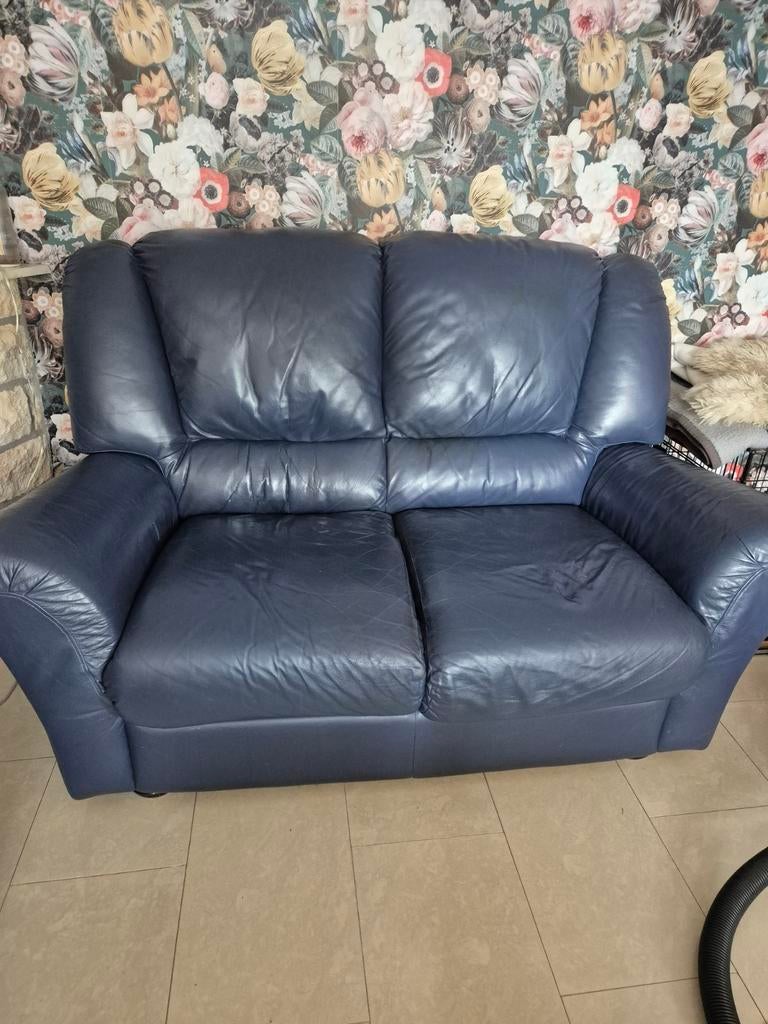 Comfortabele blauwe leren banken (2- en 3-zits), Huis en Inrichting, Banken | Bankstellen, Gebruikt, Klassiek, Comfortabel, Driepersoons