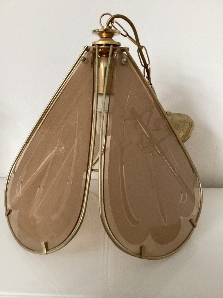 Vintage retro jaren 70 Hollywood Regency hang / plafond lamp, Ophalen of Verzenden, Gebruikt, Glas, Vintage jaren 70 Regency