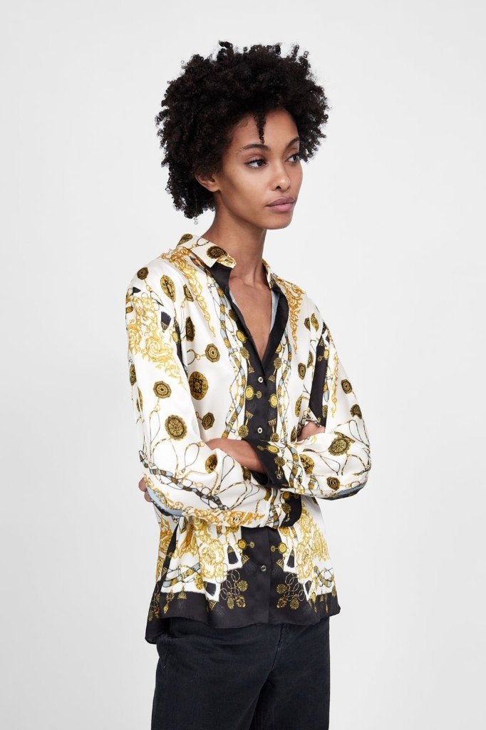 Zara blouse barokprint zwart/wit/goud maat M, Kleding | Dames, Maat 38/40 (M), Zara, Zo goed als nieuw, Meerkleurig
