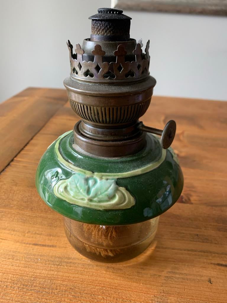 Antieke olielamp - groen keramiek, kleine beschadiging, Ophalen