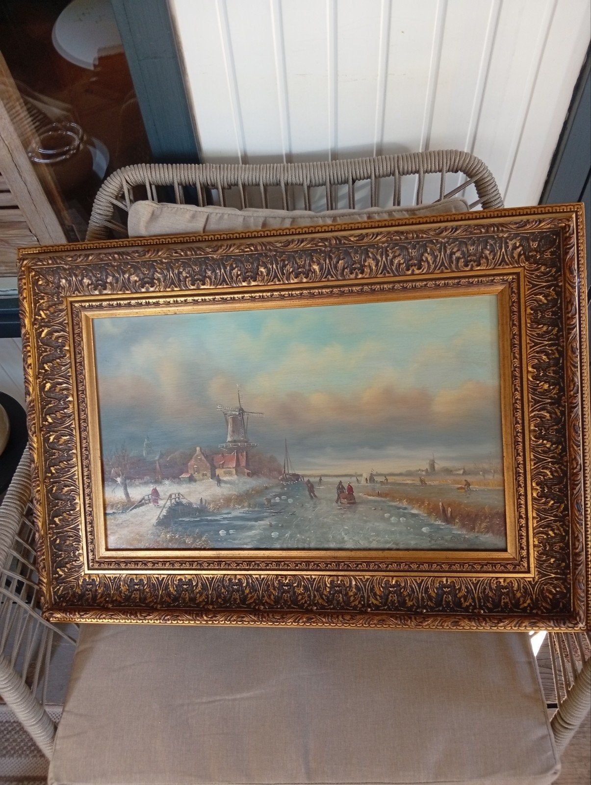 Schilderij Hollands Winterlandschap met Molen en Schaatsers, Antiek en Kunst, Ophalen of Verzenden