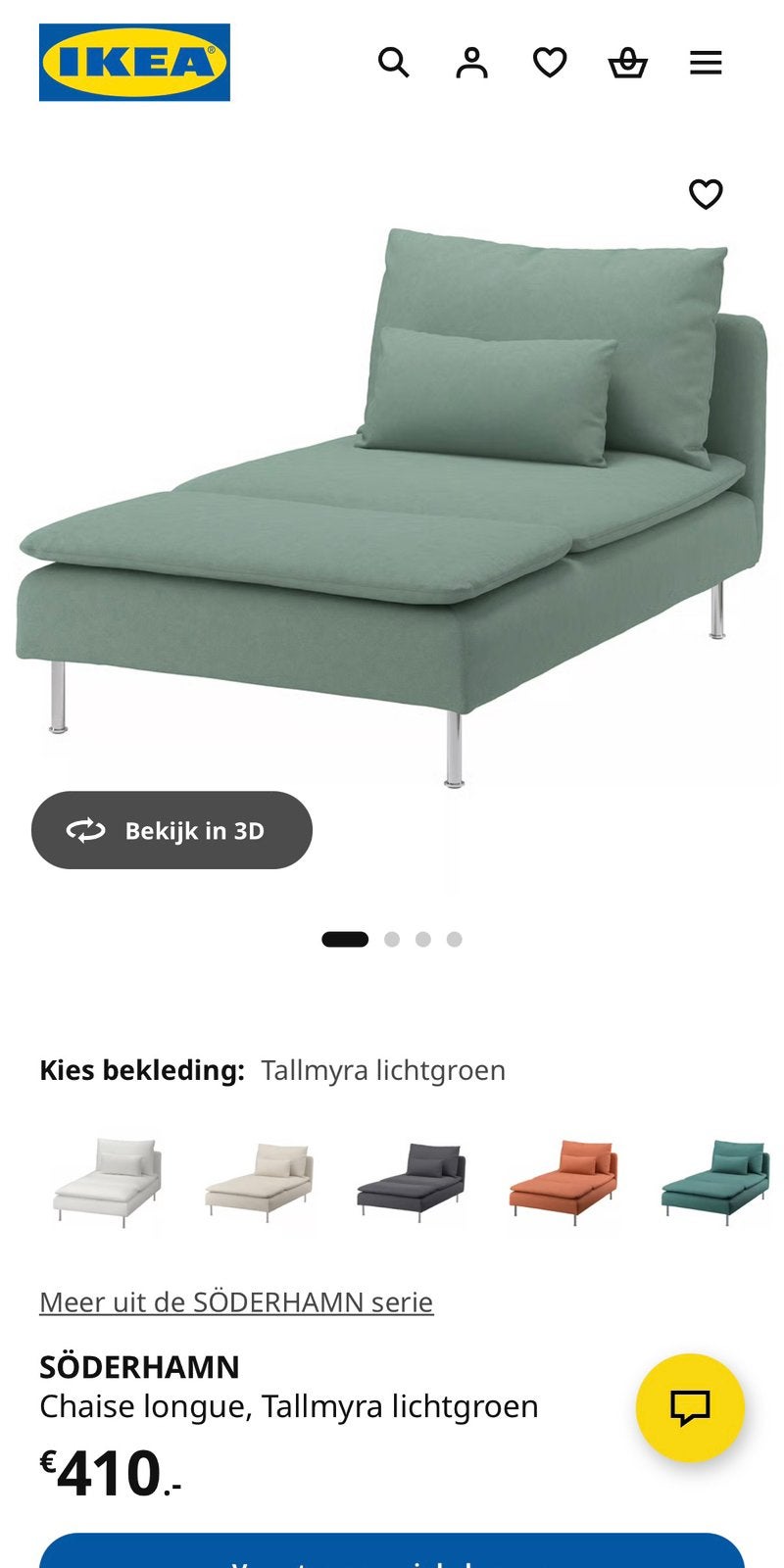 IKEA SÖDERHAMN Chaise longue, Tallmyra lichtgroen, Ophalen, Eenpersoons, Zo goed als nieuw, Minder dan 150 cm