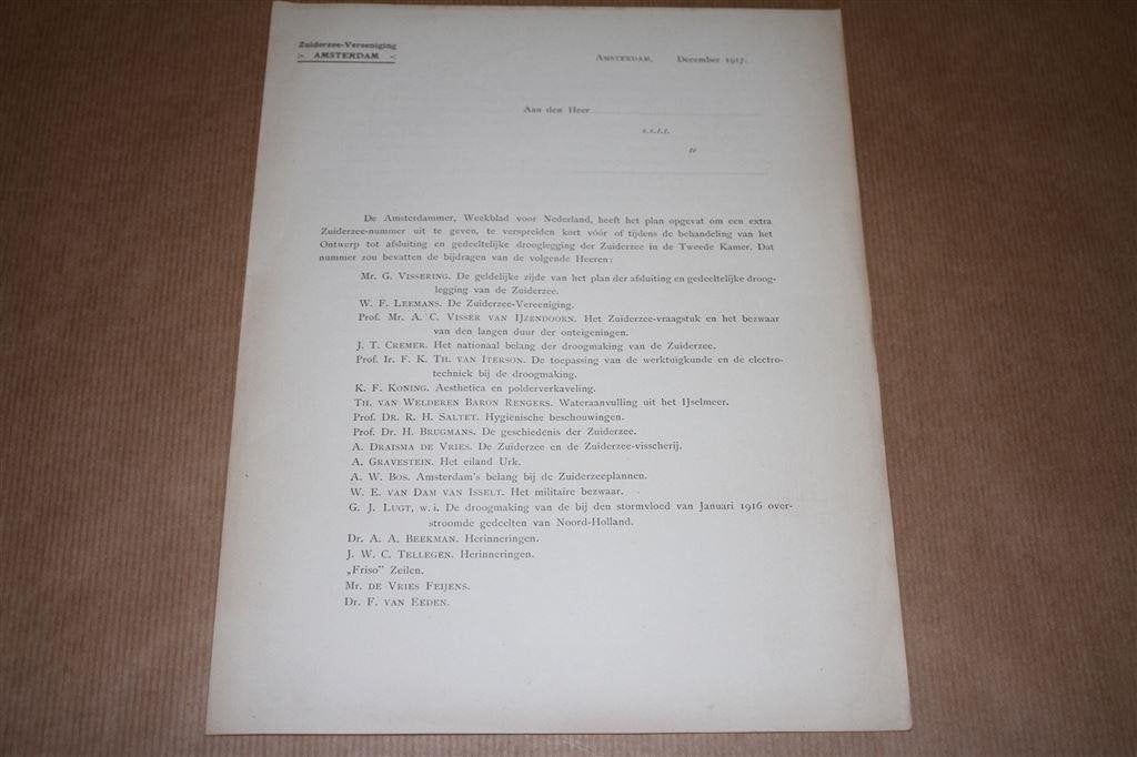 Origineel inschrijfbiljet Zuiderzee-Vereeniging 1917 !!, Boeken, Ophalen of Verzenden, Gelezen