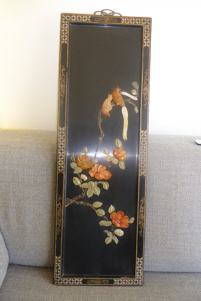 fraai antiek Chinees lakwerk  speksteenpaneel, Hout, Ingelijst, 92 cm, Ophalen of Verzenden