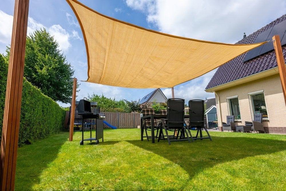 schaduwdoek 5x5 beige, Tuin en Terras, Schaduwdoeken, Zo goed als nieuw, Ophalen