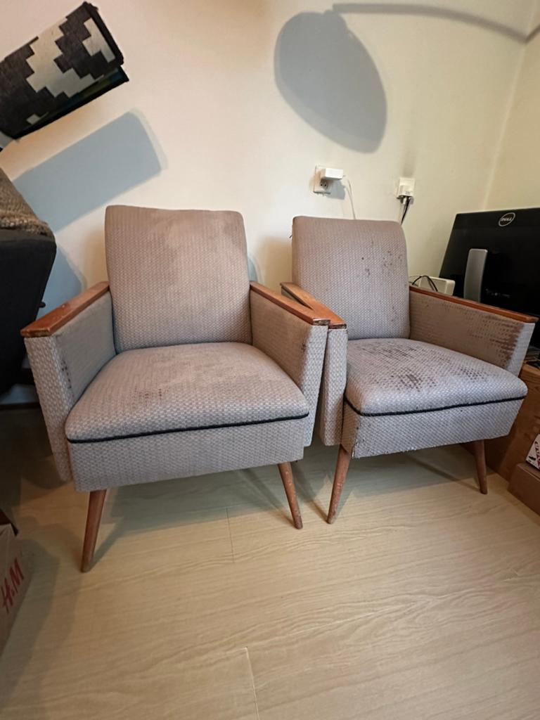 Vintage Set (2) Mid Century Modern Fauteuils, Ophalen, Gebruikt, 75 tot 100 cm, 50 tot 75 cm