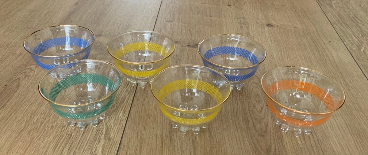 Vintage retro schaaltjes glaasje gekleurd filigram rand, Ophalen of Verzenden