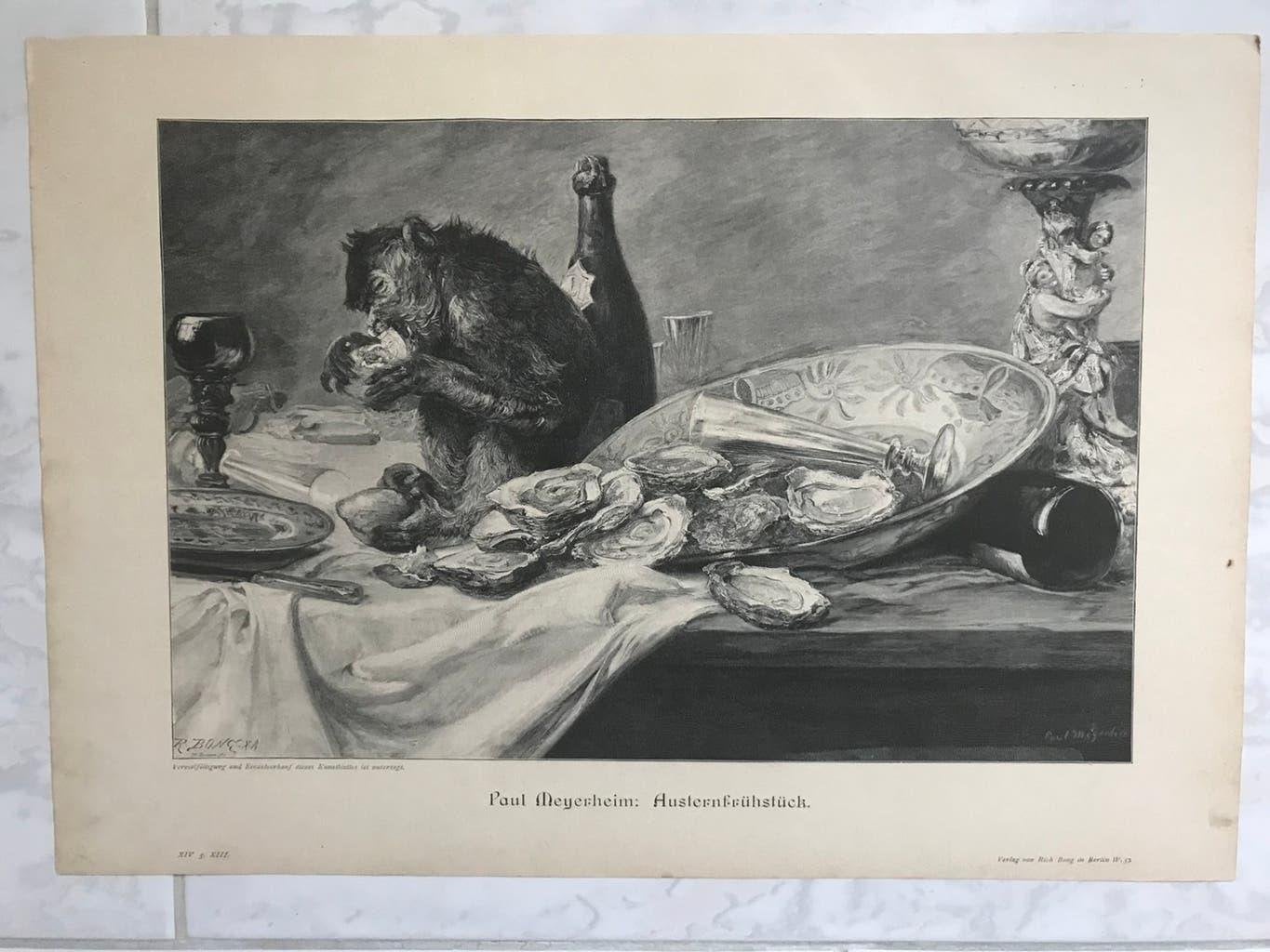 Paul Meyerheim: Austernfrühstück, 1880, 32x21cm., gravure., Dagelijks leven, 1800 - 1899, Ophalen of Verzenden, 32 cm
