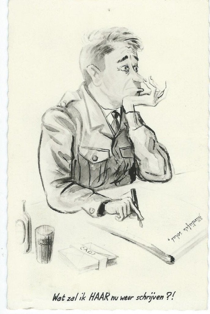 Oude spotprent ansichtkaart: Wat zal ik HAAR nu weer schrijv, Verzamelen, Ophalen of Verzenden, 1940 tot 1960, Gelopen, Overige thema's