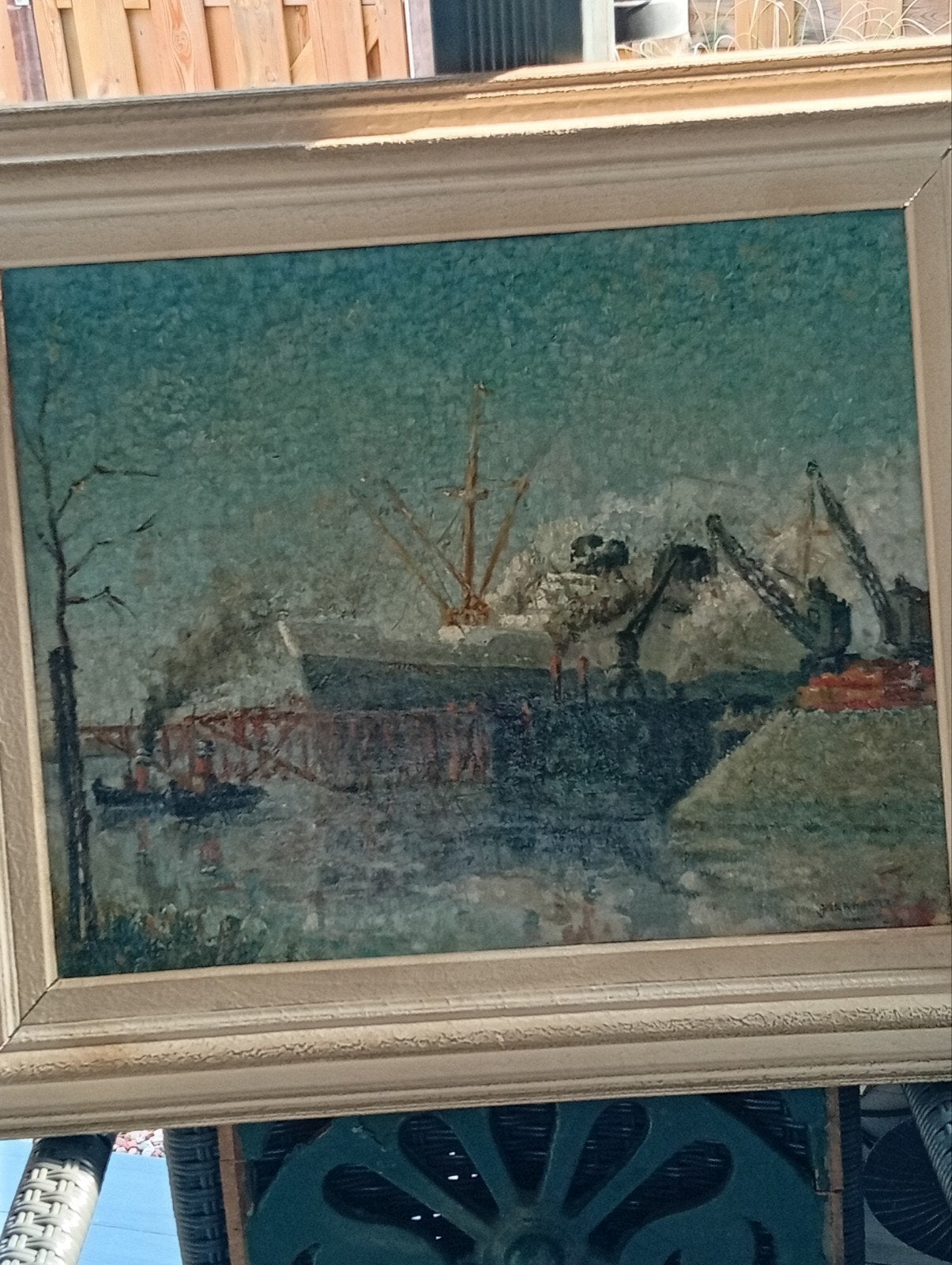 Olieverfschilderij havengezicht met schepen en kranen, Maritiem / water, Doek, Realistisch, Ophalen of Verzenden
