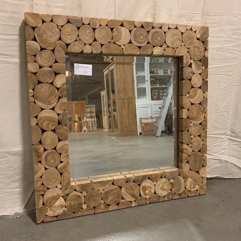 houten spiegel met teak lijst - 70 x 70 cm - Gratis bezorgd, Huis en Inrichting, Woonaccessoires | Spiegels, TTM Wonen, Meubels – (Perzische) Tapijten en Woonaccessoires