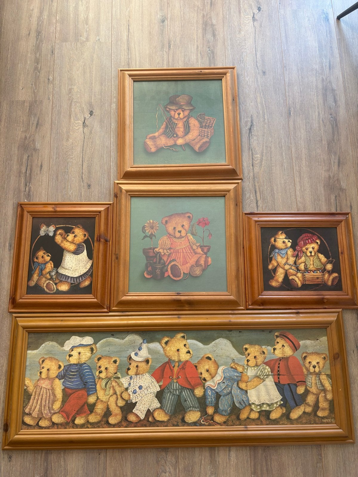 5 schilderijen met teddyberen, Antiek en Kunst, Kunst | Schilderijen | Klassiek, Doek, Realistisch, Dieren, Ophalen of Verzenden