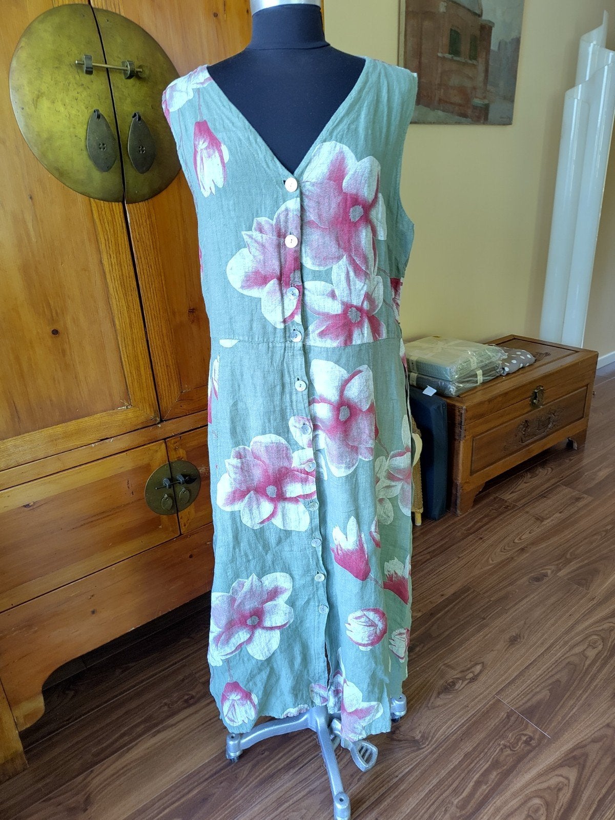 Luchtige linnen jurk met bloemenprint - valt ruim, Maat 46/48 (XL) of groter, Ophalen of Verzenden, Zo goed als nieuw, Onder de knie