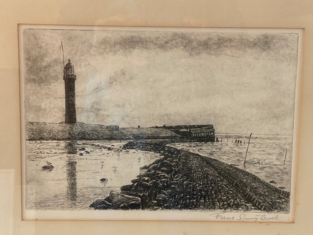 Frans Spuijbroek ets - Vuurtoren aan de kust, Ophalen, Maritiem / water, Realistisch, Gesigneerd