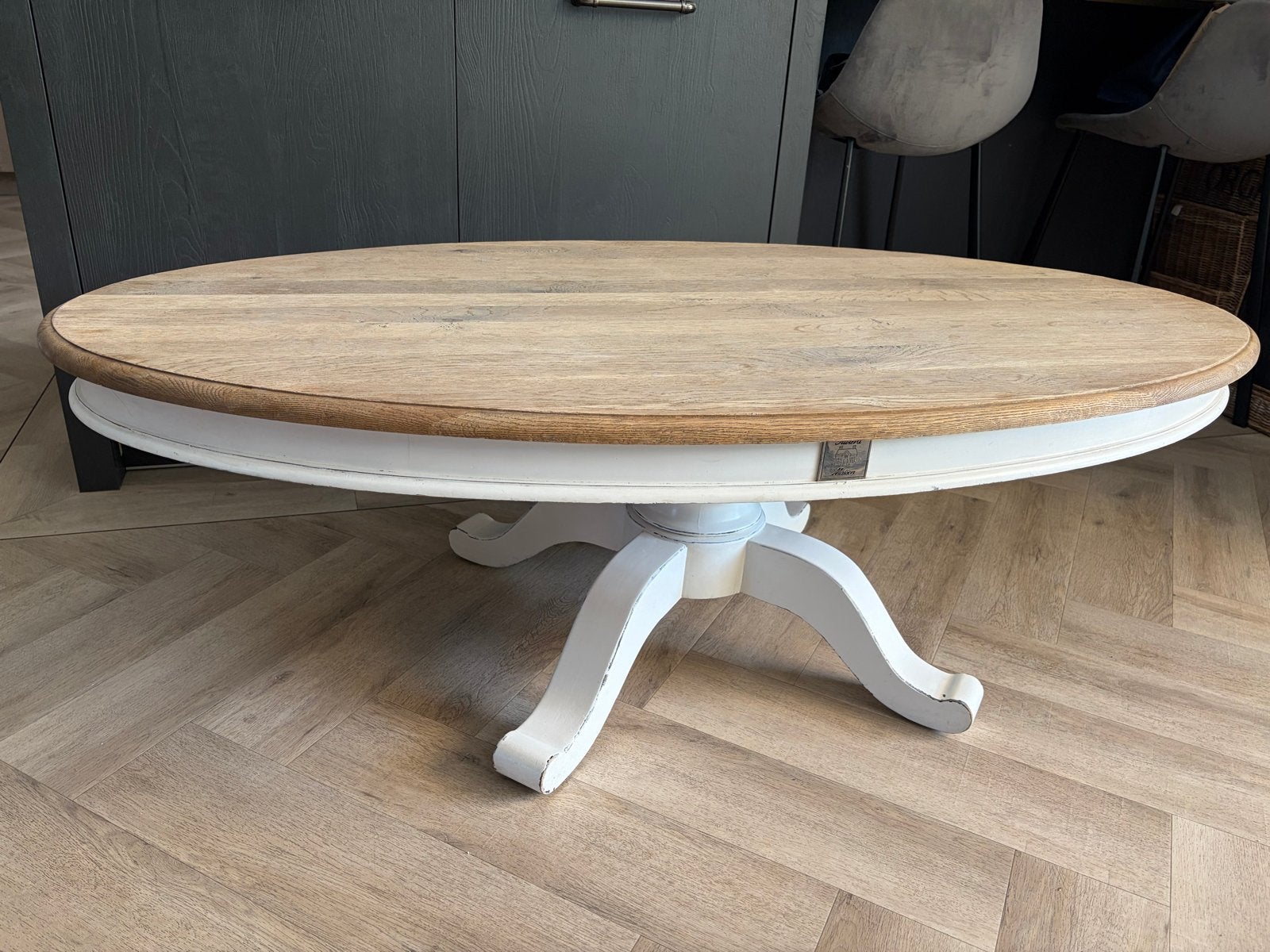 Riviera Maison Salontafel Ovaal eikenhout Wit, Ophalen, 100 tot 150 cm, Eikenhout, 50 tot 100 cm