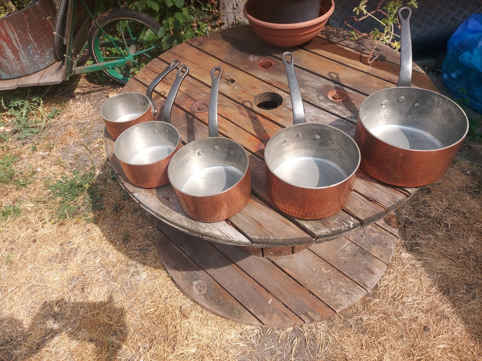 5 professionele gehammerde koperen pannen set 10 kg 3 mm, Ophalen of Verzenden, Gebruikt