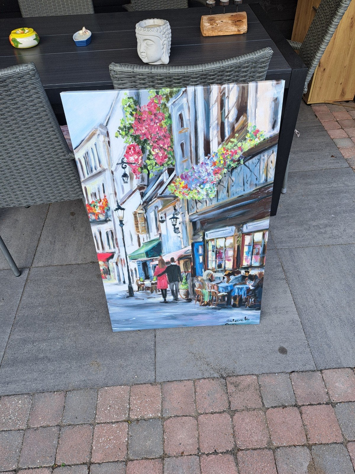 Romantisch Stadsgezicht met Bloemen, Ophalen of Verzenden, Nieuw, Minder dan 50 cm, Schilderij
