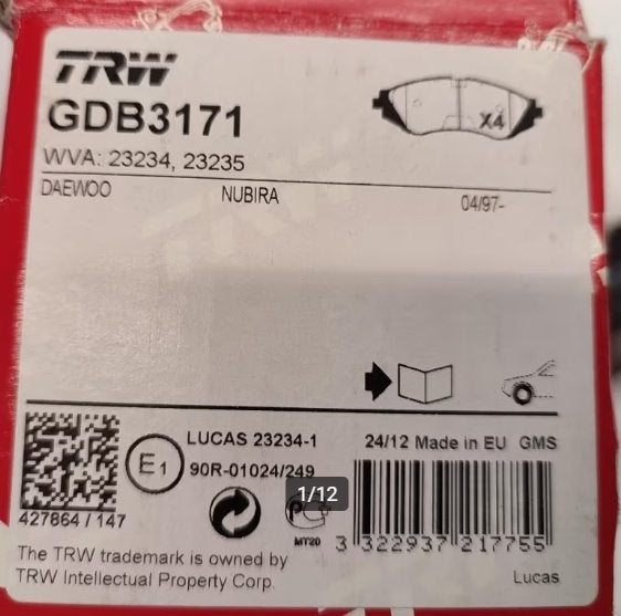 TRW GDB3171 Remblokken voor Daewoo Nubira (04/97-), Ophalen of Verzenden, Nieuw, Hyundai