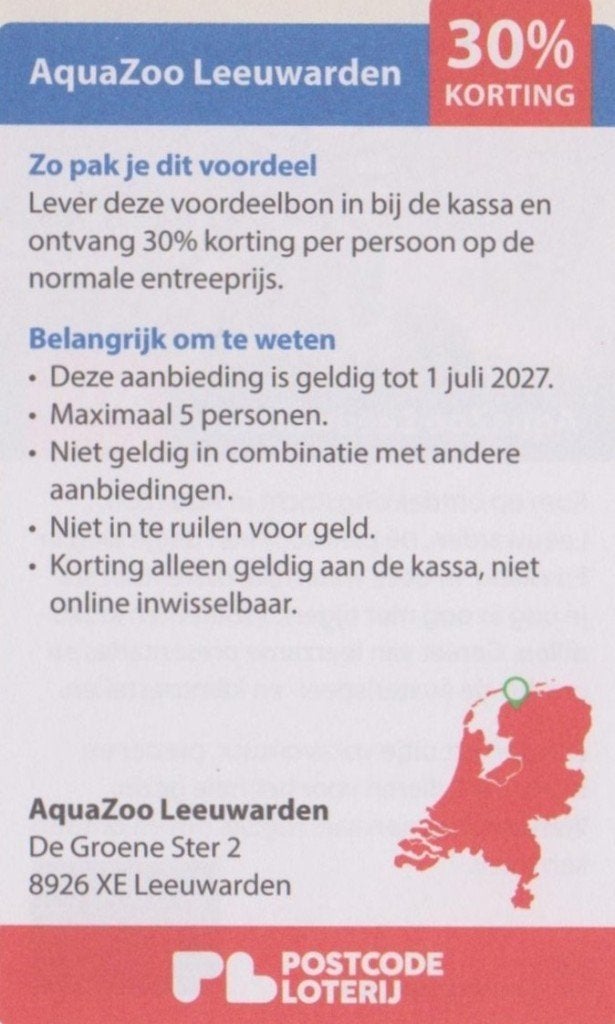 AquaZoo Leeuwarden. 30% korting. Postcodeloterij voordeelbon, Drie personen of meer, Kortingskaart