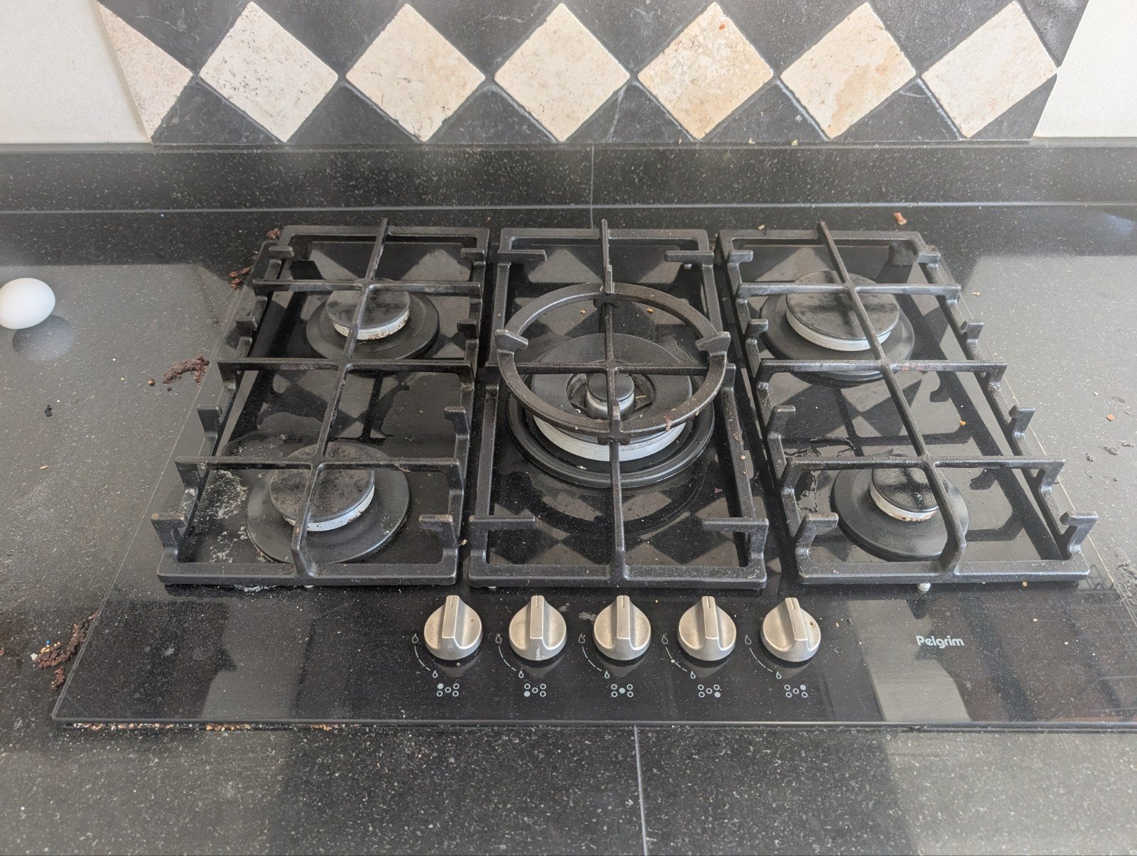 Pelgrim 5-pits gaskookplaat / wokbrander – zwart glas, Ophalen, Gebruikt, Inbouw, Gas