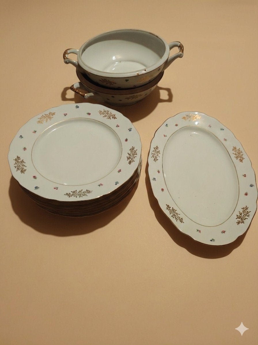Vintage porseleinen servies: 7 borden+schaal+2 soepkommen, Ophalen of Verzenden
