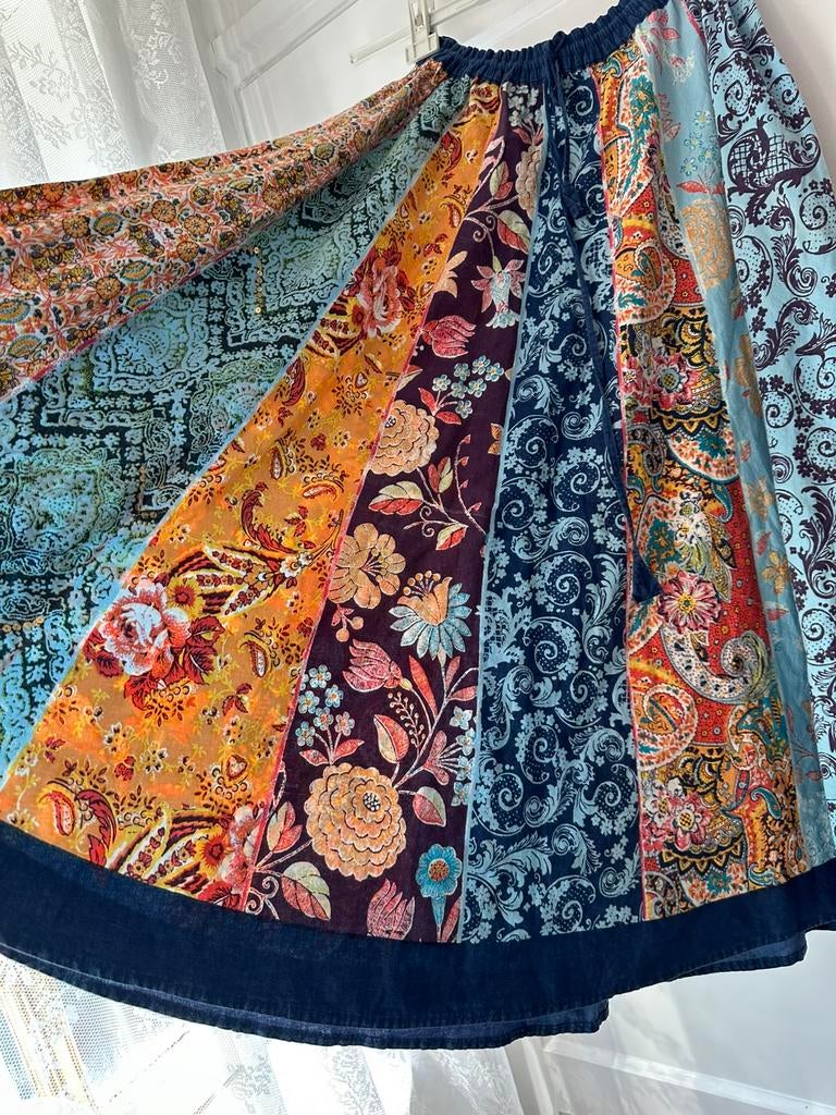 Vintage retro jaren 70 80 midi lange patchwork rok M L, Maat 38/40 (M), Overige kleuren, Ophalen of Verzenden, Zo goed als nieuw
