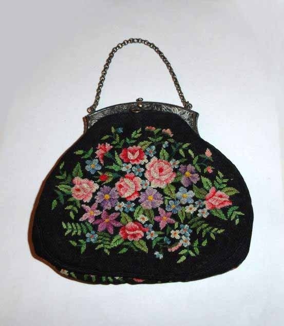 Tas Zilveren antiek beurs beugeltas petit point geborduurd, Verzenden, Zilver